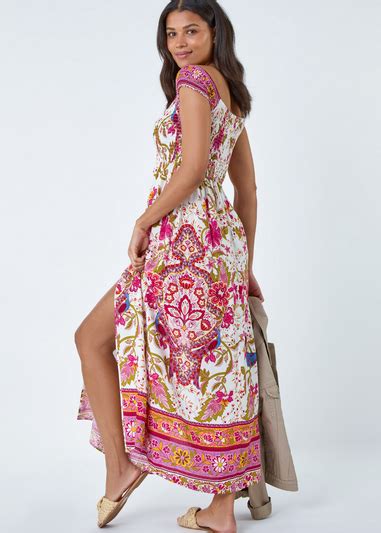 Roman Fuchsia Paisley Shirred Bardot Maxi Dress Matalan