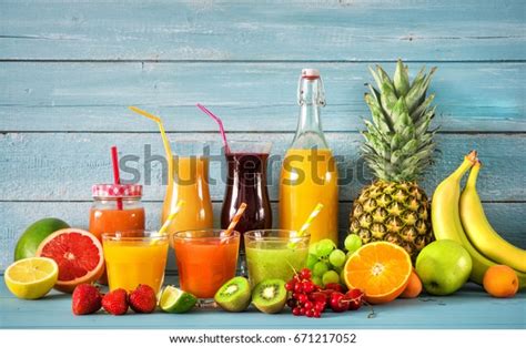 Various Freshly Squeezed Fruits Juices Stock Photo Edit Now 671217052