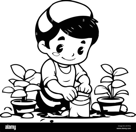 Cute Little Boy Watering Plants In The Garden Vector Illustration Stock Vector Image And Art Alamy