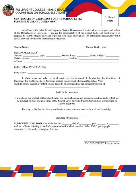 Certificate Of Candidacy For The Supreme Student Government