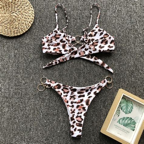 Solid Micro Bikini Rings Swimsuit Thong Leopard Swimwear Women Brand