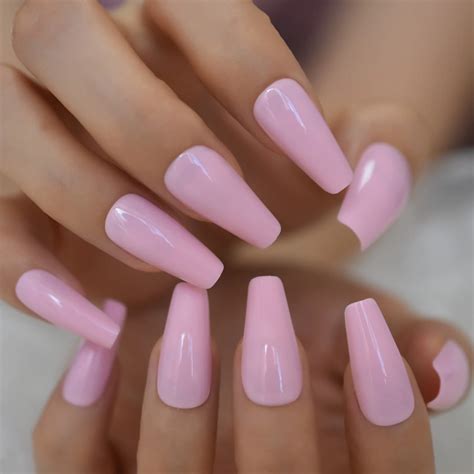 Echiq Glossy Coffin Fake Nails Pink Long Size Thick Faux Ongles