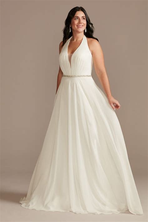 Chiffon Halter Plunge Beaded Waist Wedding Dress Davids Bridal In 2021 Davids Bridal