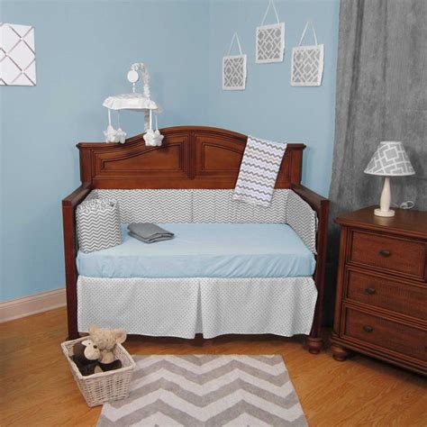 Abc Chevron Zig Zag Blue Grey With Dots Piece Baby Crib Bedding Set