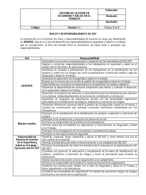 Formato Ejemplo Roles Y Responsabilidades Sgsst Pdf Empresas Evaluación