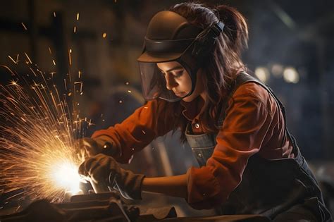 Mujer En Casco De Soldadura Trabajando En Pieza De Metal En Taller