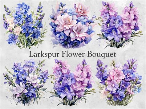 20 PNG Larkspur Birth Flower Bouquet Clipart Bundle, July Birth Flower ...