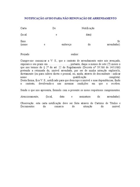Notificacao Aviso Para Nao Renovacao De Arrendamento Pdf