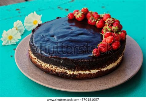 Naked Cake Strawberries On Blue Background Stock Photo 570181057 Shutterstock