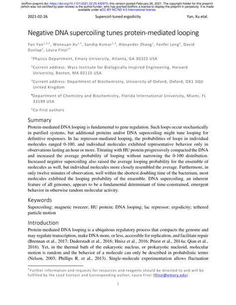 Pdf Negative Dna Supercoiling Tunes Protein Mediated Looping