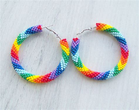 Beaded Rainbow Colorful Hoop Earrings Luxury Pride Hoops Etsy