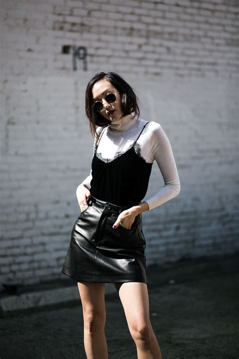 White Turtleneck Lace Cami Black Leather Skirt Fashion Black