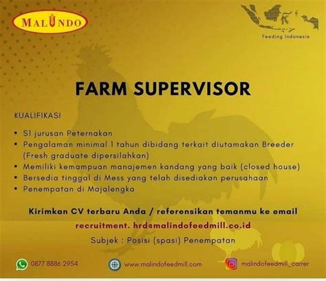 Lowongan Kerja Farm Supervisor PT Malindo Feedmill PB ISPI