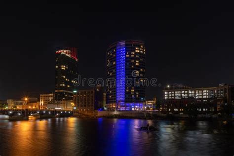 View of the Grand Rapids Skyline from the River at Night - Michigan ...