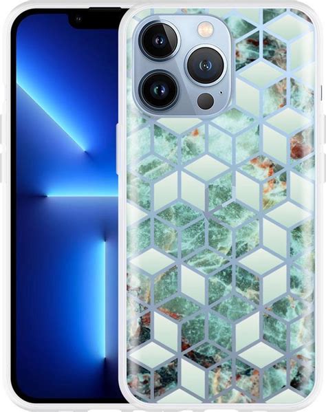 Cazy Hoesje Geschikt Voor Iphone Pro Groen Hexagon Marmer Bol