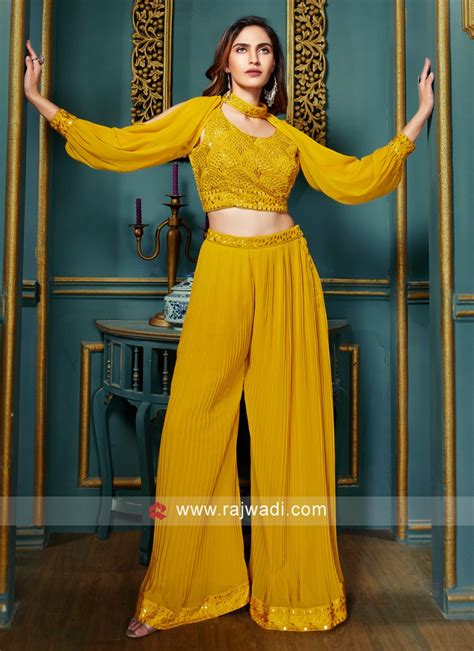 Designer Golden Yellow Thread Work Palazzo Suit