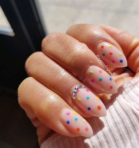 Nude Nails With Colourful Rainbow Polka Dots And Diamante Detail Polka Dot Nails Dots Nails