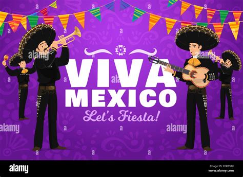 Viva Mexico Fiesta Vector Design With Mariachi Cartoon Characters Carnival Musicians In