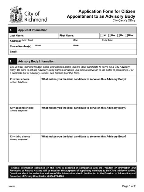 Fillable Online Richmond Application Form For Citizen Appointment To An