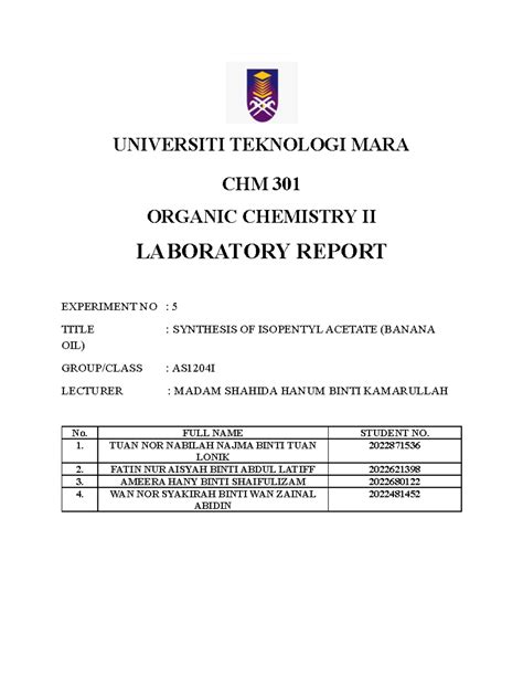 Lab Report Exp 5 Chm301 UNIVERSITI TEKNOLOGI MARA CHM 301 ORGANIC