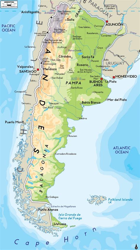 Large physical map of Argentina with major cities | Argentina | South ...