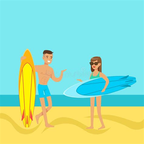 Young Man Woman Couple Surfboards Stock Illustrations 45 Young Man