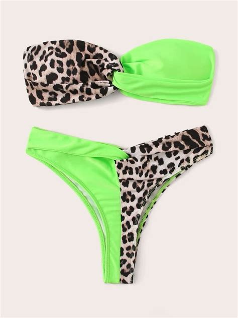 Half Neon Green Leopard Twist Bandeau Swimsuit With Bikini Bottom