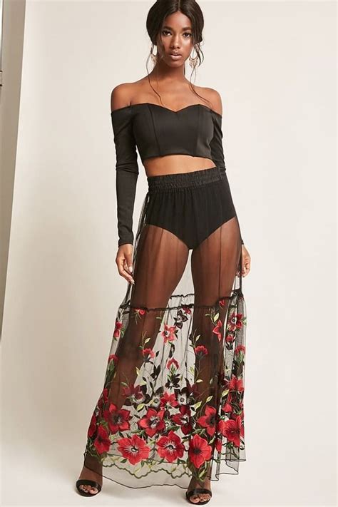 Forever 21 Floral Embroidered Sheer Maxi Skirt Sheer Maxi Skirt Maxi