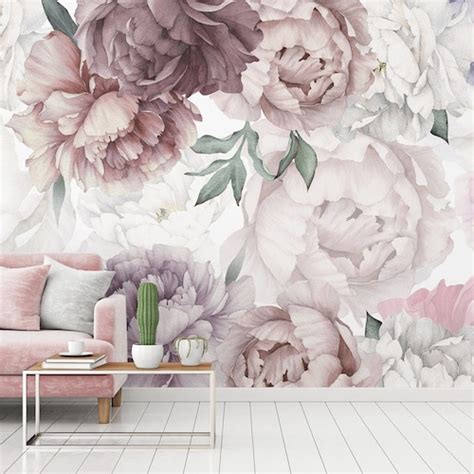 Peony Flower Wallpaper Mural Peel And Stick Wall Mural Etsy