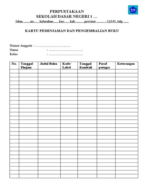 Contoh Kartu Peminjaman Dan Pengembalian Buku Perpustakaan Pdf