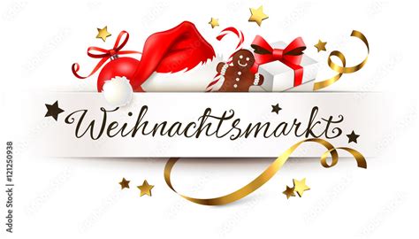 Banner Mit Weihnachtsgeschenken Und Typo Weihnachtsmarkt Stock