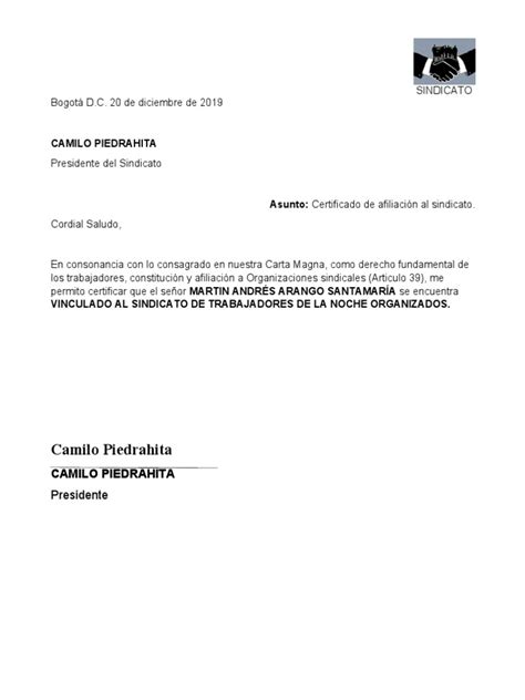Certificado Afiliacion Sindicato Pdf