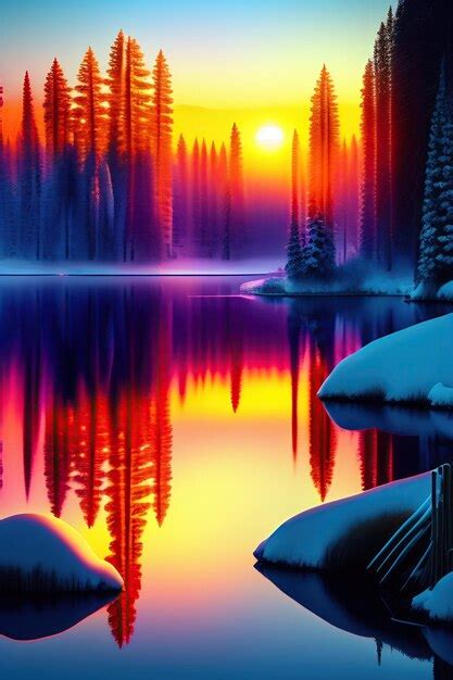 Premium Photo Sunset Over The Lake Fantasy Winter Forest Landscape