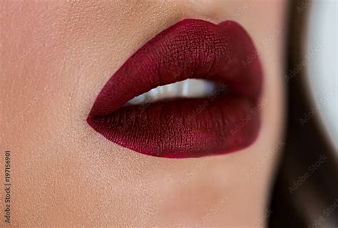 Beautiful Woman Face With Dark Red Lipstick Plump Full Sexy Lips