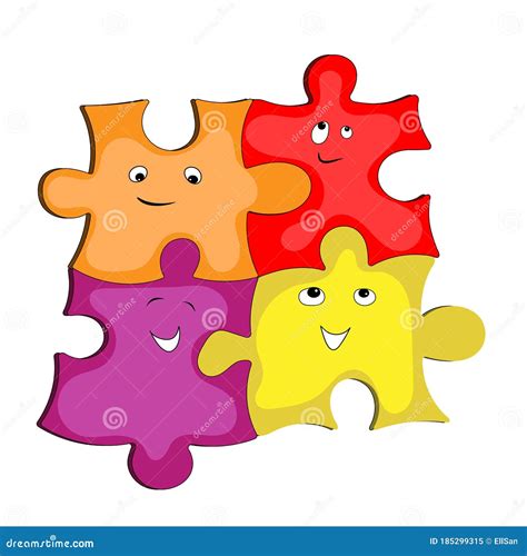 Group Of Multi Colored Puzzles With Smiling Faces Stock Vector