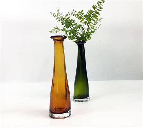 Tall Glass Vases Vintage Green And Yellow Amber Hand Blown Retro