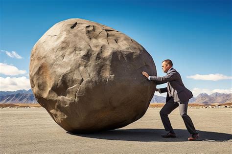 Empresário de terno exercendo sua força para empurrar uma pedra gigante