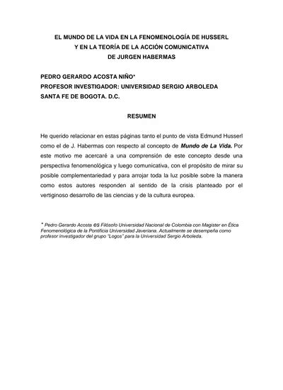 EL MUNDO DE LA VIDA EN LA FENOMENOLOGÍA DE HUSSERL Y EN LA TEORÍA DE LA