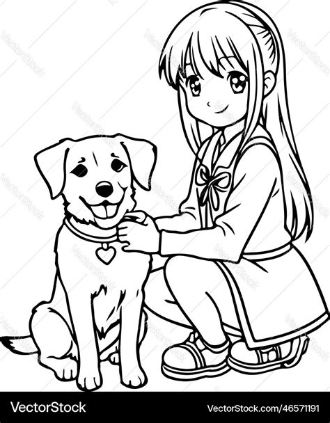 Anime girl play with dog coloring Royalty Free Vector Image