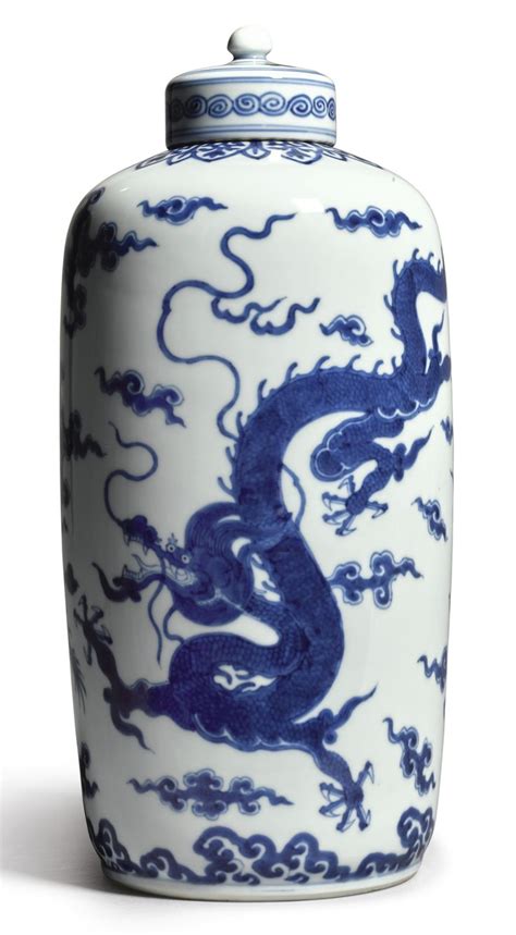 A Magnificent And Rare Blue And White Cylindrical Dragon Tea Caddy