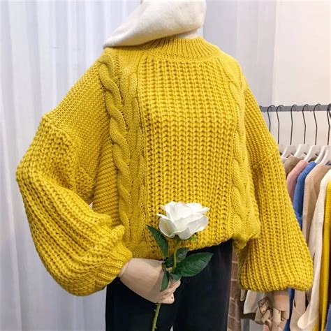 Yellow Sweater Women Winter Knitting Pullovers Lantern Sleeve Hollow