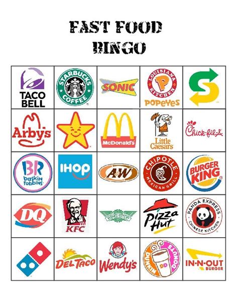 Printable Fast Food Bingo Etsy