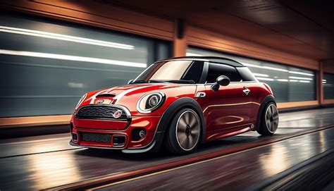 Premium AI Image | A red mini cooper with a red bumper drives through a ...