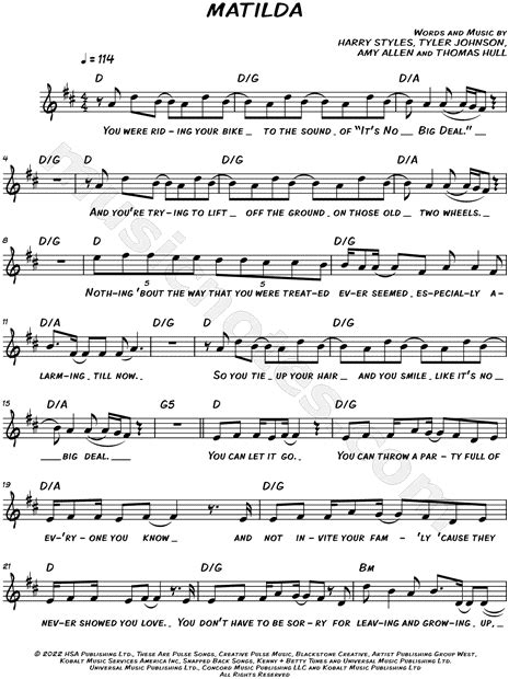 Harry Styles Matilda Sheet Music Leadsheet In D Major Download And Print Sku Mn0257971