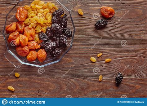 Close Up Of Mixed Dried Fruits Dried Apricot Prunes And Grapes The