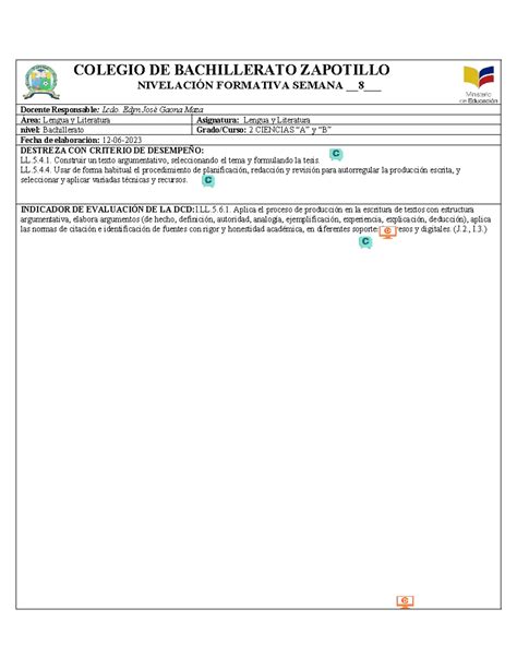 Plan De Clase Do Lengua Colegio De Bachillerato Zapotillo Nivelaci N