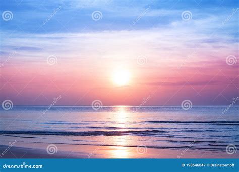 Beautiful Morning Sunrise Blue Sea Pink Sky White Clouds Yellow Sun