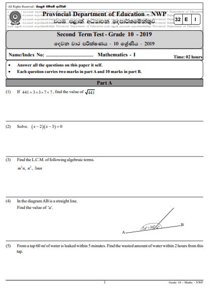 Grade 10 Mathematics 2nd Term Test Paper 2019 English Medium North