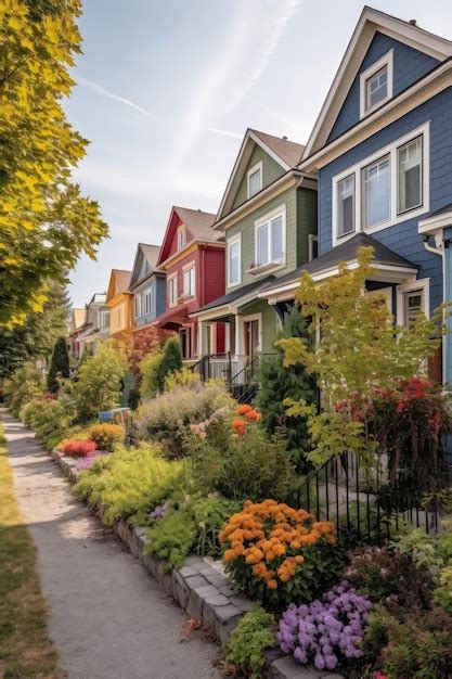 Premium Ai Image Row Of Colorful Townhouses With Landscaped Yards