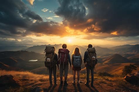 Un Grupo De Personas Se Paran En Una Colina Viendo La Puesta De Sol